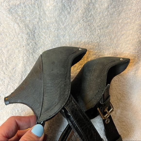 Vintage Cacharel Sandals T-Strap Heels Kitten Heel leather black green 5 - Picture 3 of 14